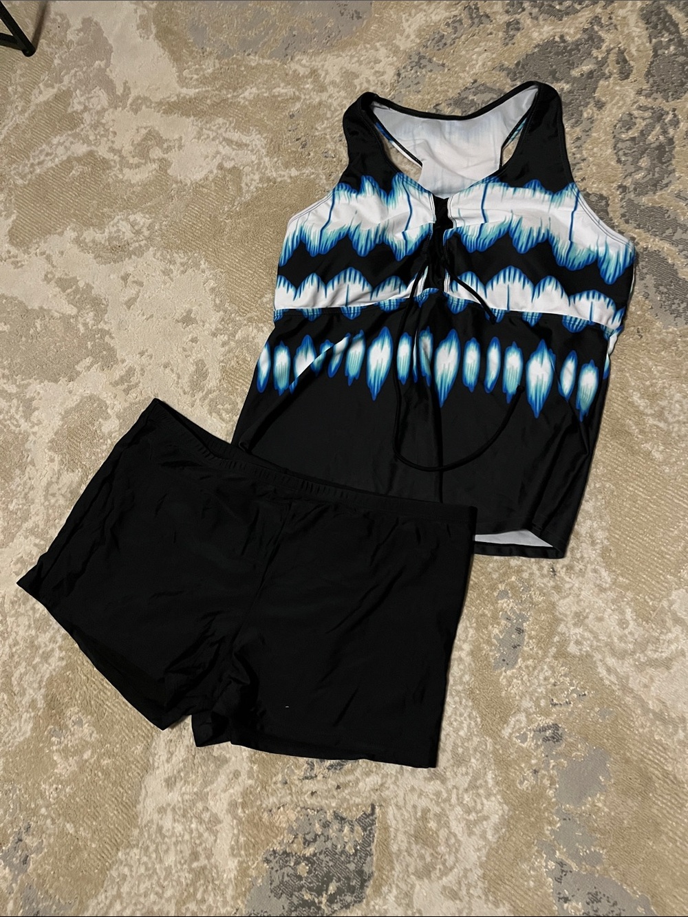 Source Unknown Black White Blue Tankini with Black Swim Shorts